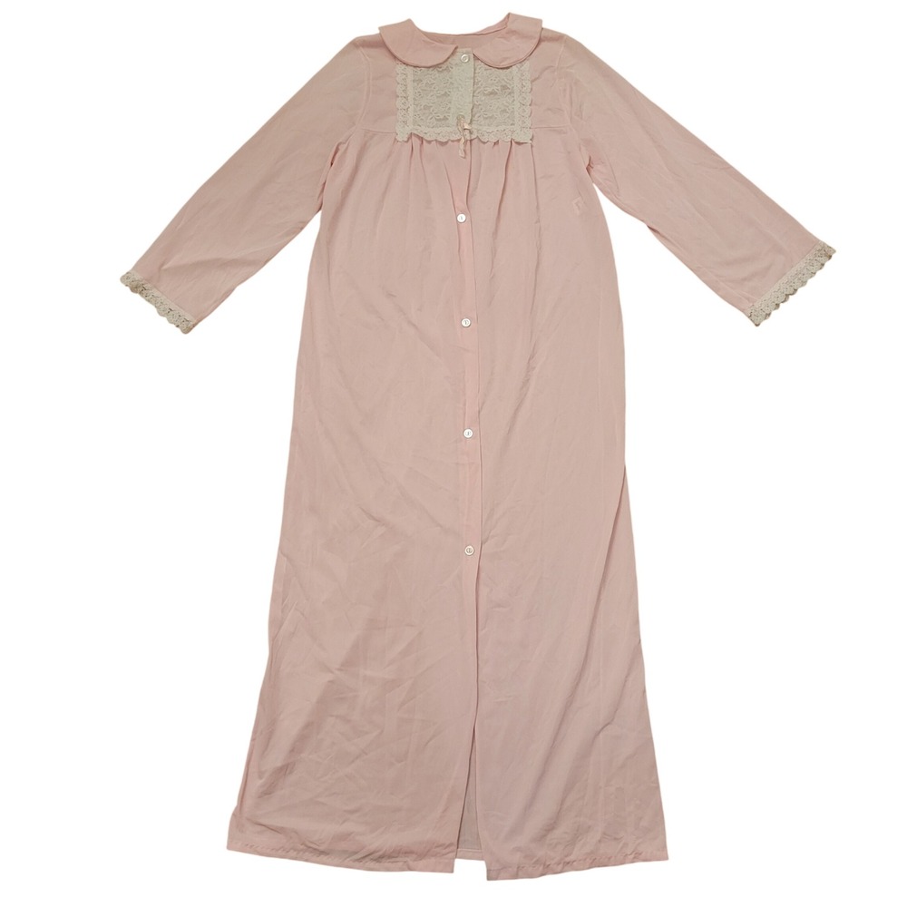 Figurfit M Robe Pink Lace Trim Peter Pan Collar Long Sleeve Cottage Lounge Vtg